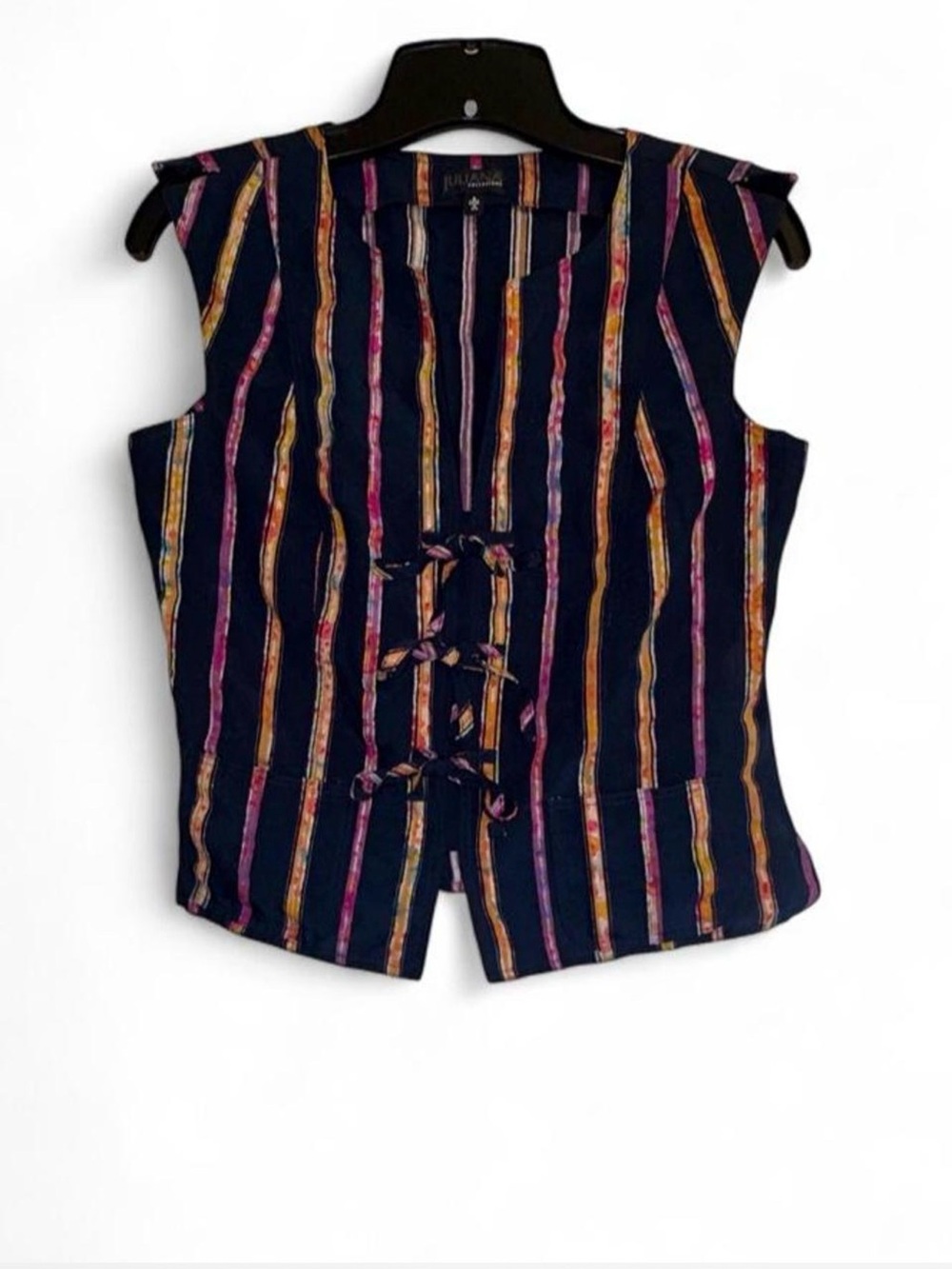 Navy Striped Collared Vest with Colorful Vertical Stripes